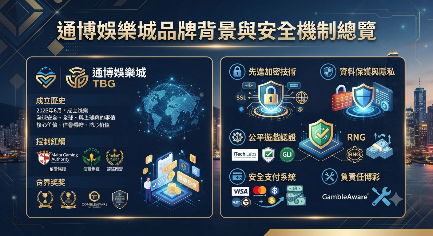 圖片上方醒目地顯示了「通博娛樂城品牌背景與安全機制總覽」的主標題。 畫面下方則以深藍色科技感設計呈現品牌背景、合規認證與安全機制等豐富圖表。