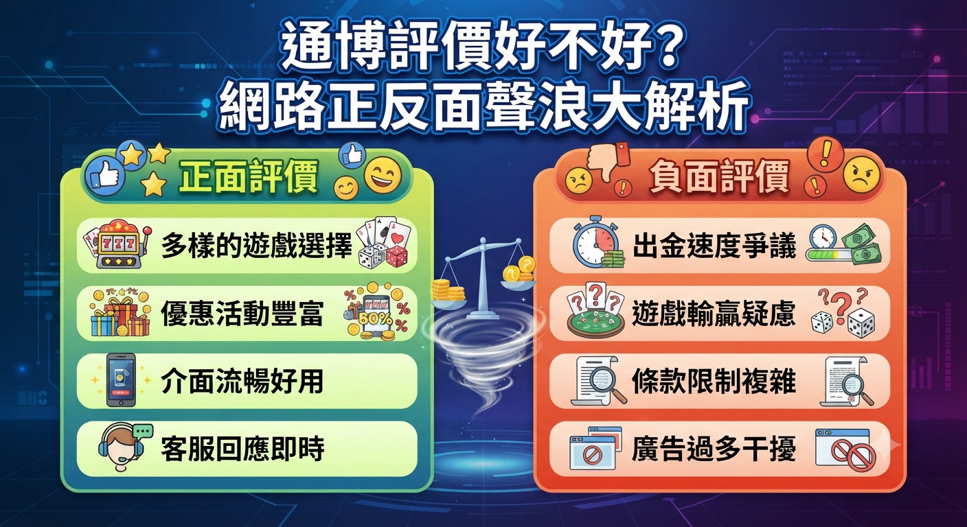 這是一張分析通博評價好壞的資訊圖表。 圖中分為左右兩側,分別條列出網路上的正面與負面聲浪。
